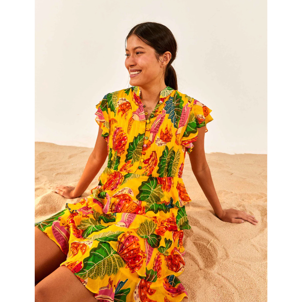 Farm Rio Yellow Beaks & Bananas Layered Ruffled Mini Dress Large - Picture 4 of 13